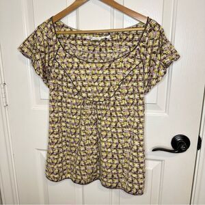 Y2K Max Studio Yellow Purple Brown Geometric Print Babydoll Blouse Sz M Cottage